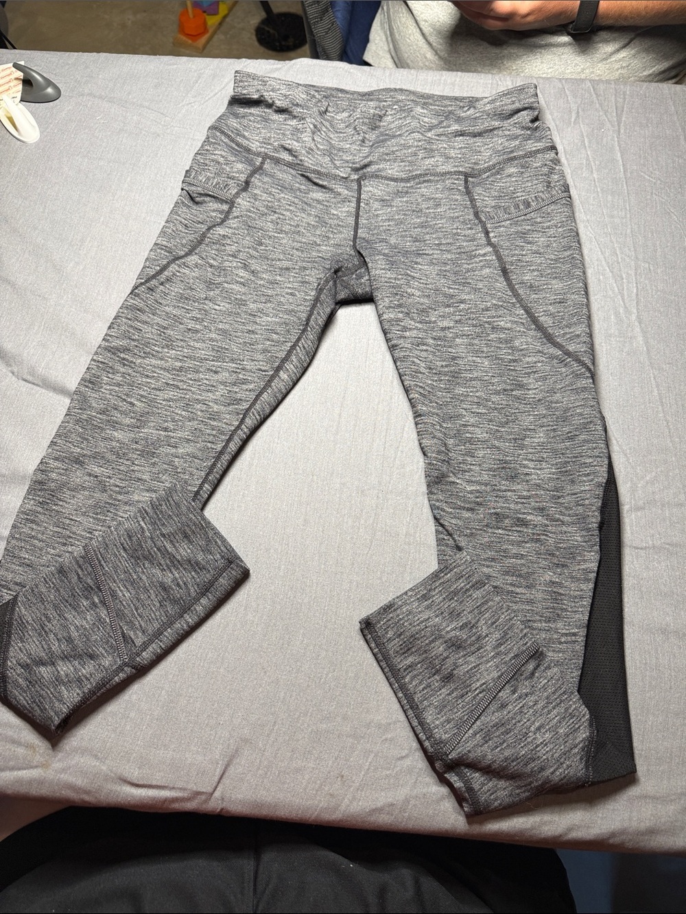 Athleta Gray Heather Performance Leggings with Black Mesh Side Panels